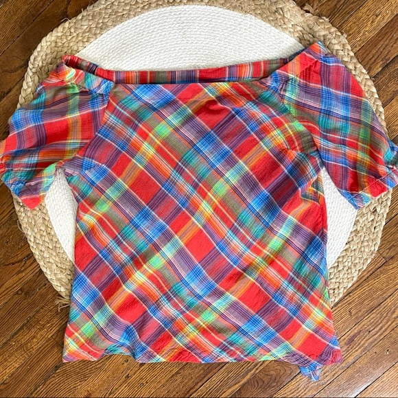 Ralph Lauren 90s y2k Plaid Off Shoulder Blouse Colorful Checkered Preppy - Picture 4 of 16